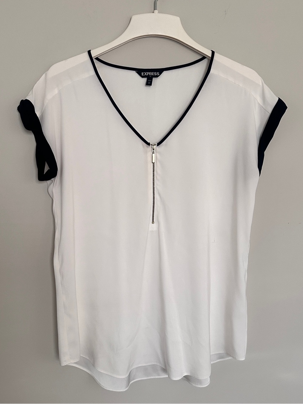 Express White Short Sleeve Blouse with Black Trim & Front Zip